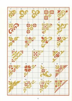 a cross stitch pattern with letters and numbers in red, yellow, and orange colors