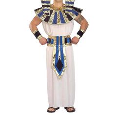 an egyptian man in white and blue costume with his hands on his hips, posing for the camera