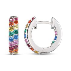 Create a vibrant look with these colorful lab-created gemstone inside-out hoop earrings. Sterling silver Each petite earring showcases two rows of rainbow-colored stones on the front and back inside edges Round-cut lab-created blue spinels, lab-created emeralds, lab-created rubies and yellow, pink and orange lab-created sapphires Hinged backs Multicolor Fine Jewelry Hoop Earrings As Gift, Multicolor Huggie Hoop Earrings, Multicolor Hoop Jewelry For Anniversary, Multicolor Multi-stone Hoop Earrings As Gift, Multicolor Gemstone Hoop Earrings In Fine Jewelry Style, Fine Jewelry Multicolor Hoop Earrings, Fine Jewelry Multicolor Hoop, Multicolor Round Huggie Earrings As Gift, Multicolor Round Huggie Earrings For Gifts