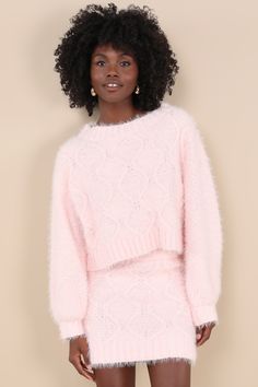 We're obsessed with how seasonally sweet the Glamorous Wintery Aura Light Pink Fuzzy Cable Knit Sweater Mini Skirt is! Fuzzy, chenille-like sweater knit shapes this cozy skirt with a cable knit design across the front of the bodycon silhouette. The high, elasticized waistband falls to a flirty mini hem, both adorned with contrasting ribbed knit. Pair with the matching sweater for a complete look! Fit: This garment fits true to size. Length: Mid-thigh. Size medium measures 17.75" from waist to he Aura Light, Sweater Mini Skirt, Knit Cropped Sweater, Matching Sweaters, Fuzzy Sweater, Cute Sweaters, Cable Knit Sweater, Bottom Clothes, Sweater Knit