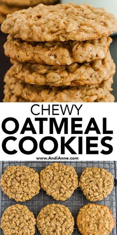 chewy oatmeal cookies stacked on top of each other with text overlay