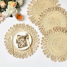 PRICES MAY VARY. 100% NATURAL ROUND PLACEMATS SET OF 6: 11 Inches round boho placemats, add nature's breath to your dining tables Holiday Table Decor: Effectively add highlights to your daily meals, also very suitable for various festivals and wedding party occasions. Hand-woven, sturdy and easy to clean, just wipe the placemats with a damp cloth Heat resistant: Good choices to protect your table for daily use. GUARANTEE: Because it is handmade, some errors may occur. If you receive a product th Christmas Kitchen Table, Round Woven Placemats, Rattan Charger Plate, Small Dining Table Set, Wicker Placemats, Gold Mason Jars, Rattan Charger, Unique Party Ideas, Thanksgiving Floral