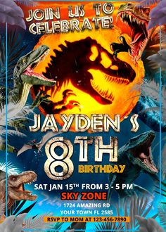 a birthday party with dinosaurs in the background and an image of a dinosaur on it's back