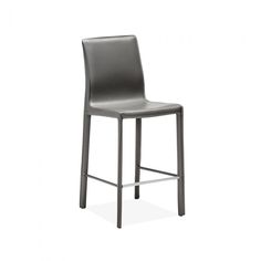 an image of a grey bar stool on a white background with the seat upholstered