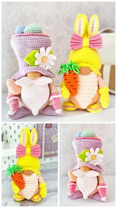 crocheted stuffed animals with hats and carrots