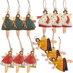 four christmas ornaments with angels hanging from the strings on each ornament in different colors