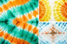 four different colors of tie - dyed material are shown in three separate pictures, one is orange and the other is green