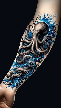 an octopus tattoo on the arm with blue ink