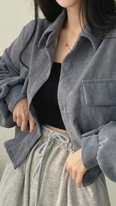 Corduroy Blouse, Vintage Preppy, Corset Bustier, Corduroy Jacket, Crop Jacket, Styl Vintage, Gray Jacket, Korean Fashion, Casual Women