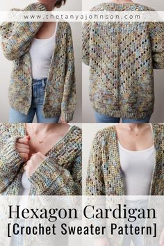 the hexagon cardigan crochet sweater pattern is shown in three different views