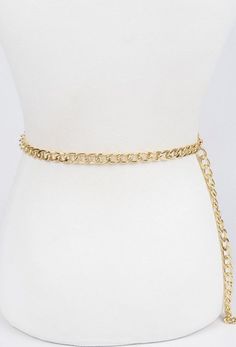 This cute gold-chain belt is perfect to accessorize your outfit. It has a clasp closure and can be adjusted to your liking. Gold Chain Belt With Chain Strap For Parties, Gold Chain Belt With Strap For Party, Gold Chain Strap Belt For Party, Gold-tone Adjustable Chain Belt For Party, Party Gold-tone Chain Belt With Adjustable Chain, Chic Gold Metal Waist Chain, Chic Metal Chain Belt With Chain Print, Chic Chain Belt With Chain Strap For Parties, Chic Party Chain Belt With Chain Strap