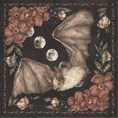 a bat and flowers on a black background with the moon in the sky behind it