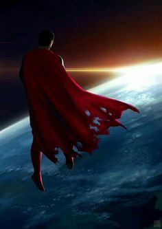 a man in a red cape is flying over the earth with his hands on his hips