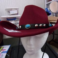 Nwt: Western Red Felt Cowgirl Hat, Will Fit Anyone Has A Sizer In Side, Has A Hat Band With Silver And Turquiose Stones Red Western Hat For Fall, Western Red Fedora Felt Hat, Red Western Fedora Felt Hat, Western Red Felt Hat For Winter, Western Style Red Fedora Felt Hat, Red Western Style Fedora Felt Hat, Western Red Hat Bands For Winter, Red Western Hat Bands For Winter, Western Style Red Felt Hat For Winter