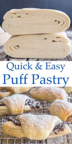 homemade puff pastry on a cooling rack with the words quick and easy puff pastry