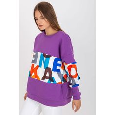 Women's sweatshirt with long sleeves and a round neckline. Cotton 72 % Spandex 6 % Polyester 22 % Size Chest L/XL 91-96 cm S/M 82-86 cm Purple Cotton Sweatshirt With Graphic Print, Purple Long Sleeve Top With Graphic Print, Casual Purple Sweatshirt With Letter Print, Purple Long Sleeve Hoodie With Letter Print, Purple Long Sleeve Sweater With Letter Print, Purple Stretch Crew Neck Top, Trendy Purple Sweatshirt With Graphic Print, Purple Graphic Print Sweatshirt For Fall, Trendy Purple Sweatshirt For Winter