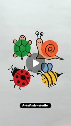 an animated video with four different bugs and one snail on top of each other in the middle