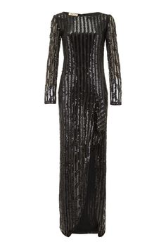 This sensational full length black lace sequin evening dress from Italian design Andre Laug exudes glamour and is guaranteed to turn heads! This striking piece is made of a rayon lace net with vertical stripes of black sequins throughout. The main body of the dress is lined in a fine layer of crepe fabric minus the sleeves which remain sheer. The dress is designed to slide easily over the contours of an hourglass figure, there is a shallow scoop neck, a slightly dropped waistline and the fabric