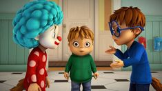 two children and an adult are talking to each other in the animated character's house