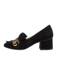 Gucci Suede PumpsBlackDouble G LogoSquare-Toes with Fringe Trim Accent Black Gucci Mules With Round Toe, Chic Black Gucci Heels, Gucci Black Mules With Round Toe, Gucci Black Closed Toe Heels, Gucci Black Heels With 4-inch Heel, Fringe Trim, Suede Pumps, Pump Shoes, Pumps