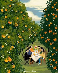 a painting of people sitting at a table under an orange tree