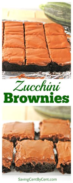 chocolate zucchini brownies are cut into squares and stacked on top of each other