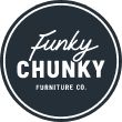 the funky chunk furniture co logo is shown in white and black on a dark background