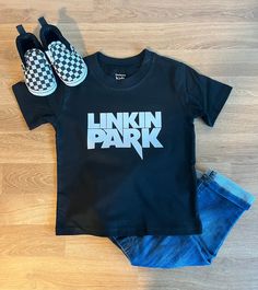 Linkin Park Toddler Baby Band Tee. Tee is Gerber brand, 100% cotton. Cotton T-shirt With Name Print For Spring, Unisex Name Print T-shirt For Summer, Unisex Name Print Shirt For Summer, Summer T-shirt With Name Print, Spring Cotton T-shirt, Unisex Cotton T-shirt For Spring, Unisex Spring Cotton T-shirt, Cotton Graphic Tee For Babies With Name Print, Unisex Cotton Shirt With Logo Print