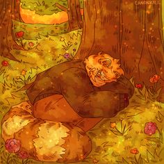 a drawing of a man laying on the ground next to a tree