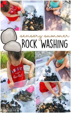 a collage of photos showing how to make rock washing for toddlers with text overlay