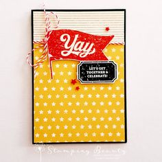 a close up of a greeting card with a tag on it that says yay