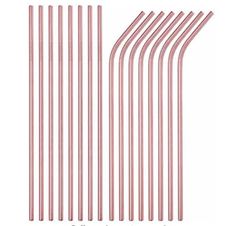 six pink striped straws are lined up