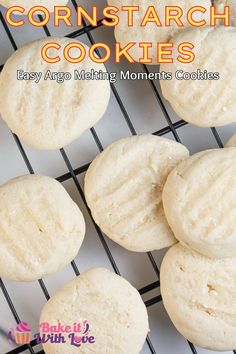 some cookies are cooling on a rack with the words cornstarch cookies