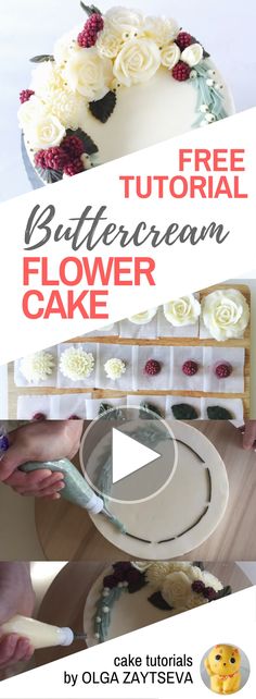 the video is showing how to make a flower cake with flowers on top and bottom