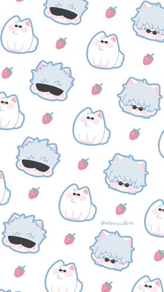 an image of cats and strawberrys on a white background with blue trimmings