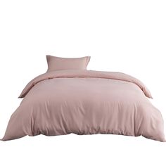 a bed with pink comforter and pillows on top of it, in front of a white background