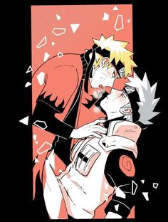 two anime characters kissing each other in front of a black background with white and pink shapes