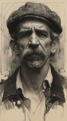 a drawing of an old man with a mustache and hat on his head, looking to the side