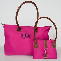 Embroidered Monogram Tote Bags | GiftsForYouNow Monogram Tote Bags, Embroidered Monogram, Monogram Tote, Personalized Tote Bags, Travel Tote, Hermes Birkin, Tote Bags, Hot Pink, Initials