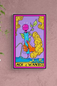 Colourful wall print. A parody of Ace of wands tarot card. A bright orange hand is holding a wand vibrator. This hand is coming out of a yellow cloud with the writing "ace of wands" at the bottom. The bright colours within the print are orange, yellow, blue, pinks and green. Queer Tarot Cards, Queer Latinx Art, Queer Art Prints, Tarot Card Original, Ace Of Wands Tarot Card, Queer Tarot, Tarot Painting, Feminist Decor, Ace Of Wands Tarot