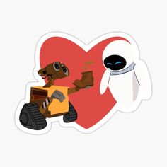 an anthropic robot and a dog riding on a toy car in front of a heart sticker