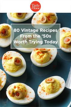 an image of deviled eggs with deviled eggs in them and the words, 30 vintage recipes from the'50s worth trying today