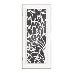 the door is decorated with white flowers and leaves on black fabric, which has been cut into