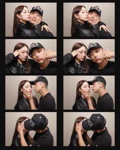 a couple kissing each other while posing for pictures with hats on their heads and one woman covering her face