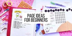 an open notebook with the words page ideas for beginners on it next to markers and pens