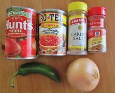 the ingredients to make this recipe are displayed on a table with an onion, pepper, garlic and seasoning