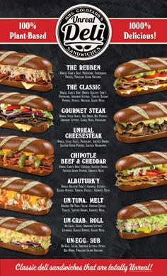 a menu for a deli restaurant with different types of sandwiches