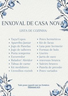 a blue and white poster with flowers on it's side that says, envoal de casa nova