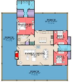 the floor plan for a house with two master suites and one living room on each side