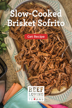 slow cooked brisket sofrito on a plate with the title, slow cooked brisket sofrito get recipe